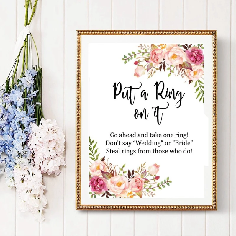 

Boho Put a Ring on It Bridal Shower Game Poster Canvas Prints Watercolor Pink Floral Dont Say Game Art Painting Wedding Decor