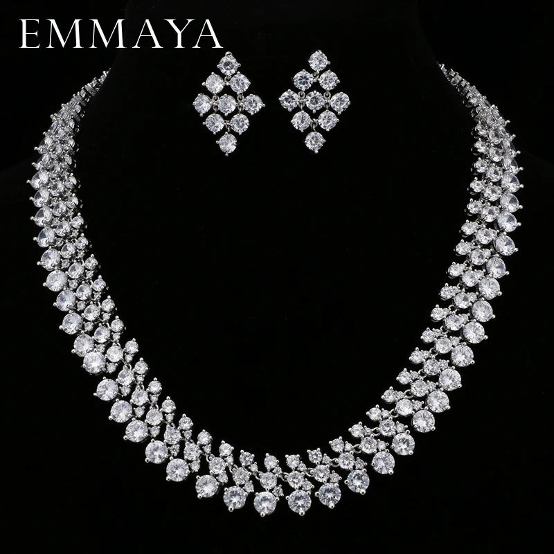 EMMAYA Luxury Bridal Jewelry Sets Silver Color Rhinestone Cz Necklace Wedding Engagement Jewelry Sets for Women