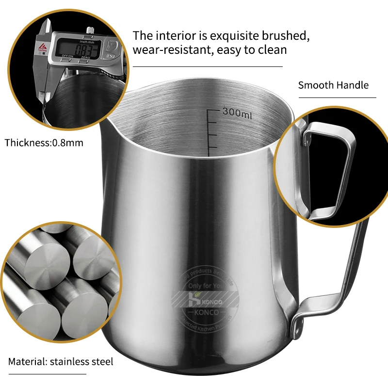 KONCO Inner Scale Espresso Coffee Milk Frothing Pitcher Stainless Steel Creamer Macchiato Cappuccino Latte Art Maker Pitcher Cup