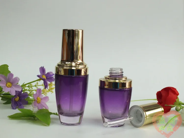 

100pcs wholesale 50 ml glass empty bottle for lotion , glass cosmetic bottles ,50 ml purple glass cream bottle with gold cap