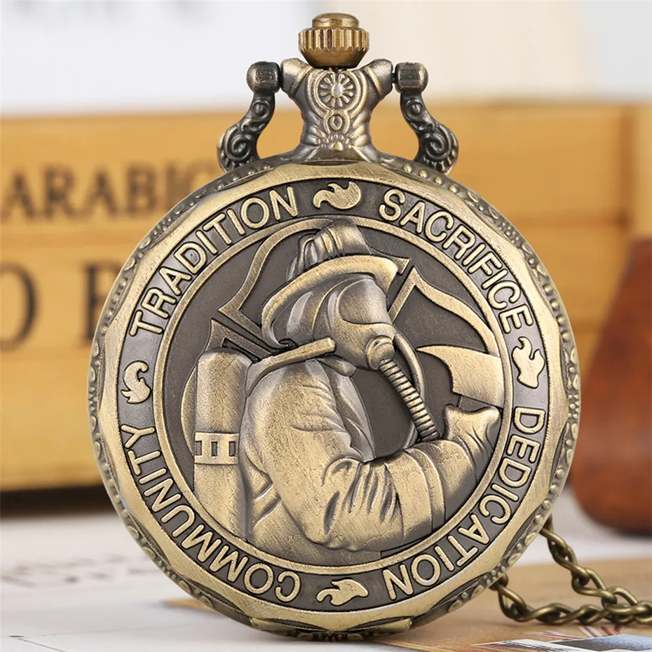 Bronze Fire Fighter Display Quartz Pocket Watch Fob Chain Exquisite Embossed Design Necklace Pendant Steampunk Souvenir Clock