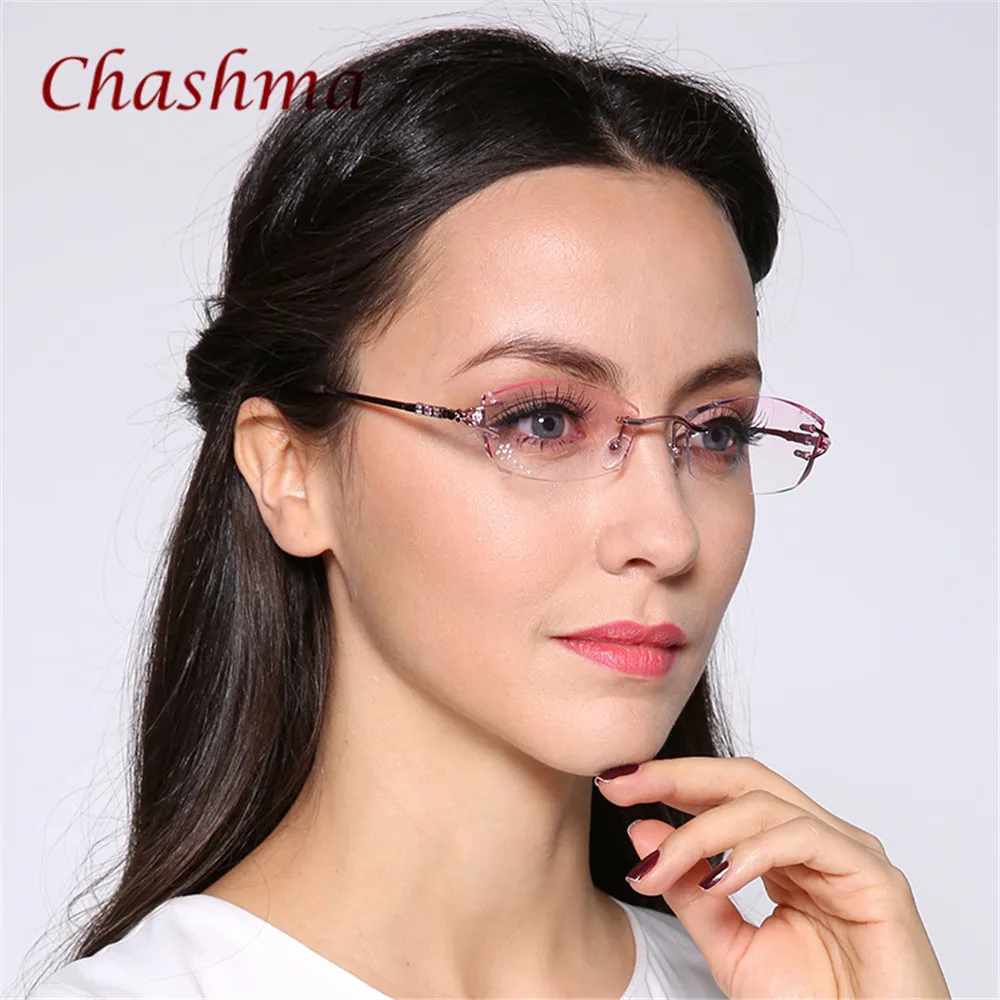 Chashma Brand Titanium Fashionable Famale Fashion Eyeglasses Rimless Spectacle Frames Women Stones Lenses Rhinestone for Women