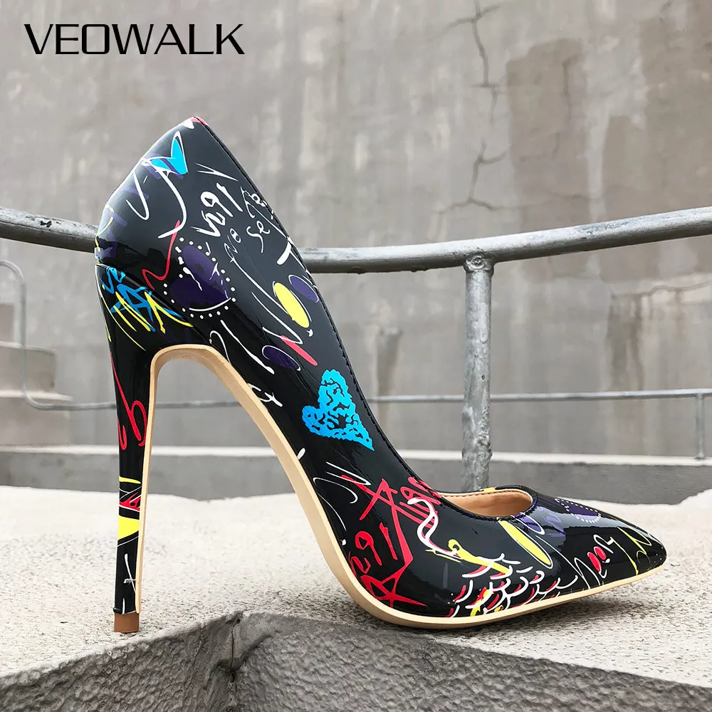 Veowalk Artistic Graffiti Print Women Sexy Stiletto High Heels Black Ladies Party Pointed Toe Pumps Shoes Customized Accept