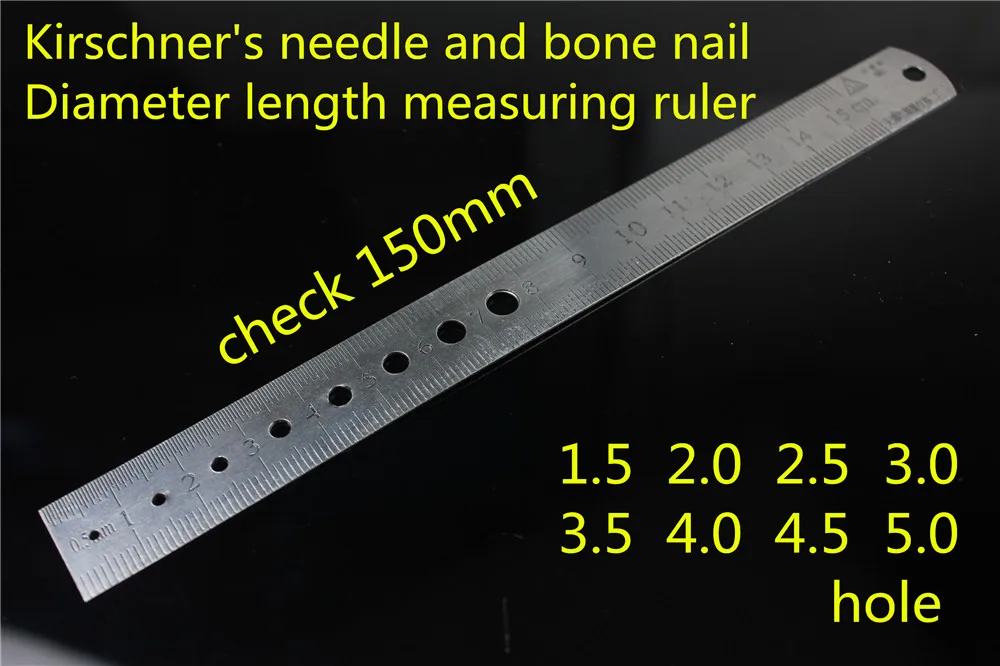 Medical orthopedic stainless steel ruler Kirschner K wire and bone screw diameter lenght measuring ruler 150mm 8 holes pet vet