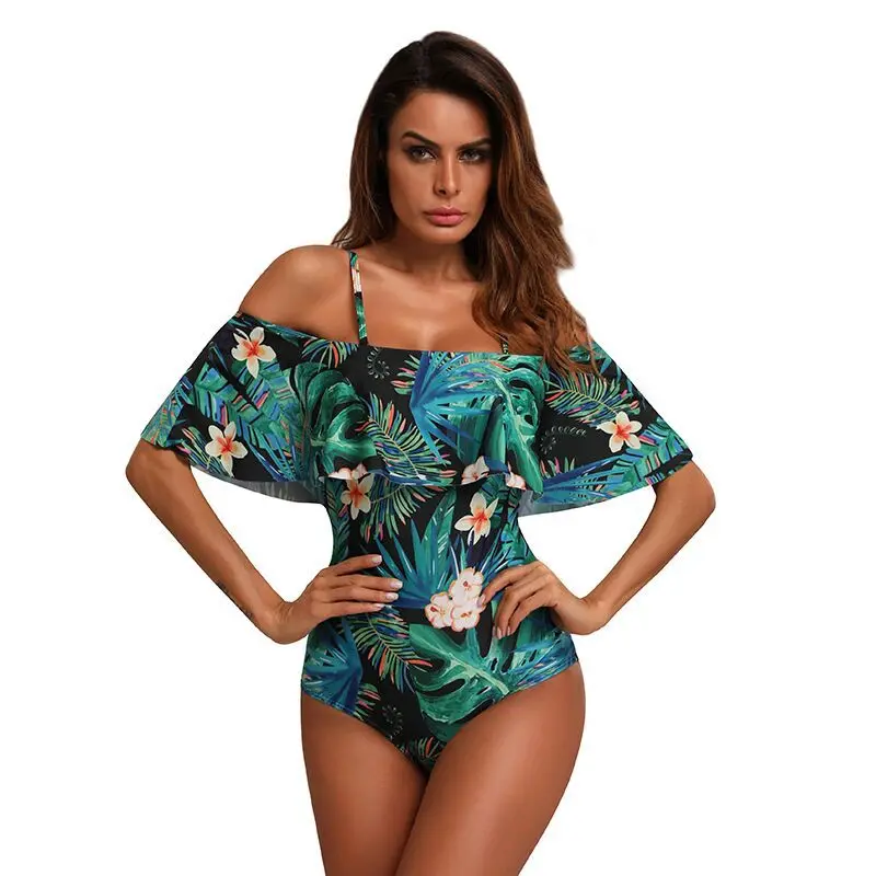 2019 Sexy One Piece Floral Printed Bathing Suit for Women Big Leaf Beach Swimming Bathing Suit Vintage Off Shoulder Swimwear