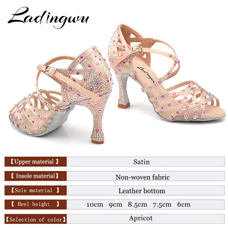 Ladingwu sapatos de dança latina feminino grande pequeno vermelho romã strass salsa tango sapatos de dança sapatos de casamento cuba salto 6-9cm