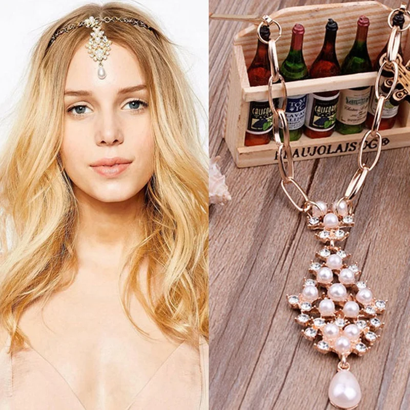 Boho Style Lady Pearl Tassel Flower Crystal Rhinestone Bindi Hair Tikka Clip Indian Head Jewelry For Party Wedding Dance Gift