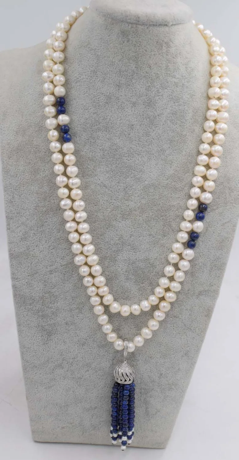 

freshwater pearl near round white and blue lapis lazuli tassel 8-9mm necklace wholesale beads 45inch nature unique clasp