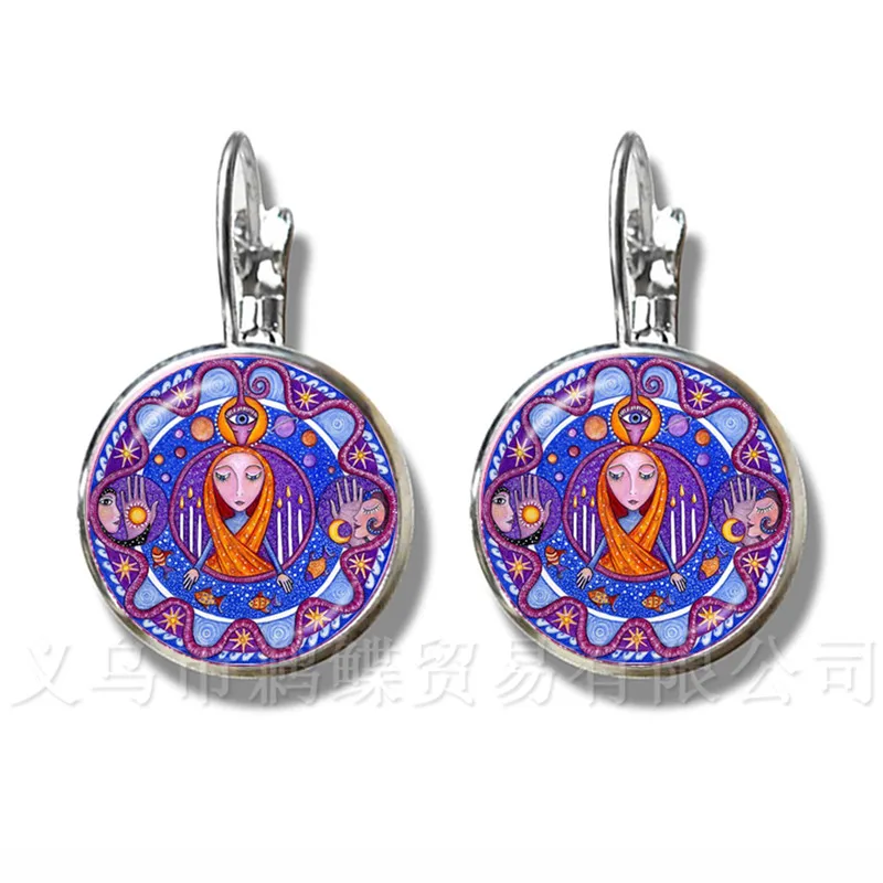 Buddhism Stud Earrings Mandala Art Picture 16mm Glass Cabochon Silver Plated Earrings For Women Om Fashion Jewelry Best Gift