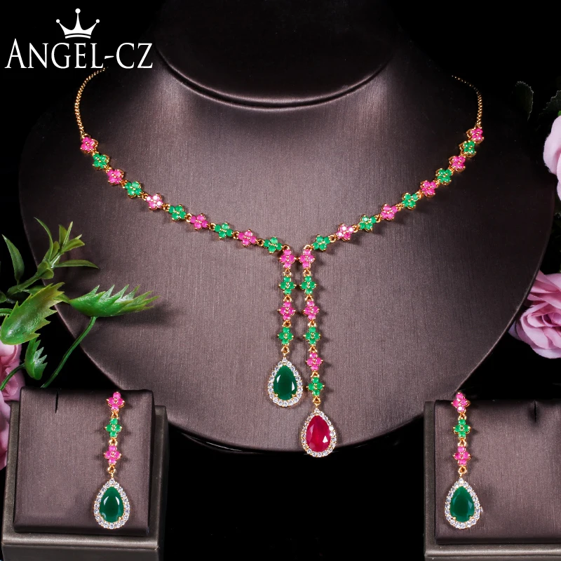 ANGELCZ Natural Red Green Stone Women Indian Gold Color Bridal Jewelry Cubic Zirconia Teardrop Long Necklace Earrings Sets AJ181