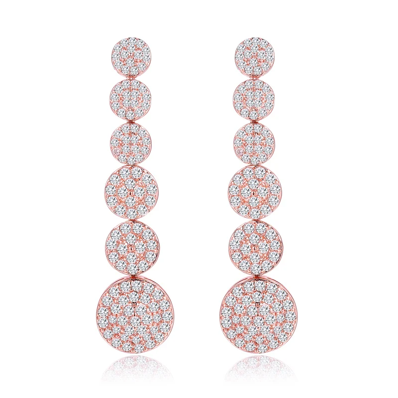 CWWZircons High Quality Rose Gold Color Micro Pave CZ Zirconia Stone Long Round Drop Earrings for Women CZ206