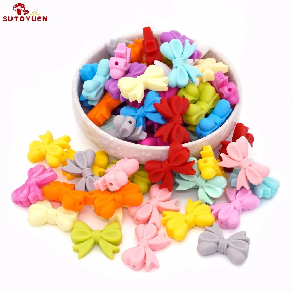 Sutoyuen 10pc Silicone Beads Bow Tie BPA Free Loose Teether Bead DIY Baby Pacifier Dummy Jewelry Necklace Toy Accessories