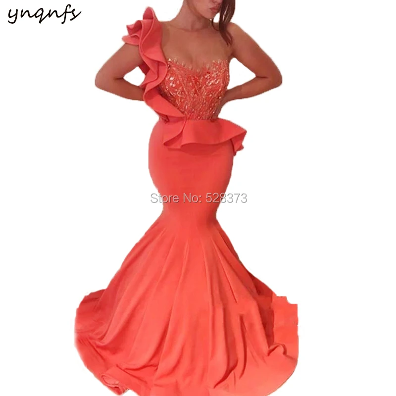 YNQNFS ED251 Saudi Arab Abiye Coral Evening Gowns for Women Ruffles Mermaid Mother Party Crystal Dress Elegant 2018/2019