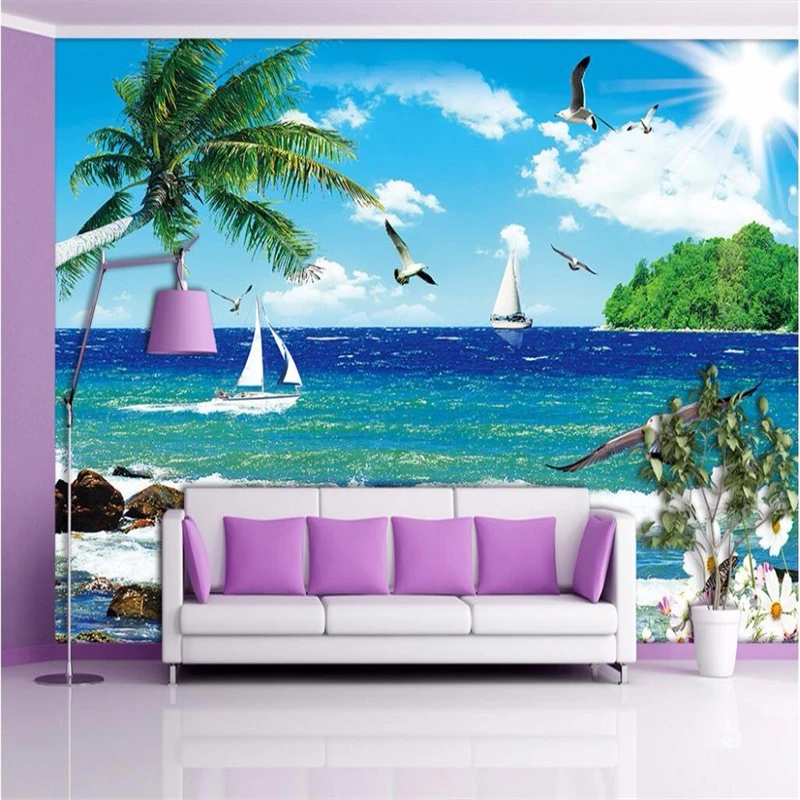 beibehang wall paper HD Seagull sea island blue sky palm sailboat large mural wall papers home decor wallpaper for walls 3 d