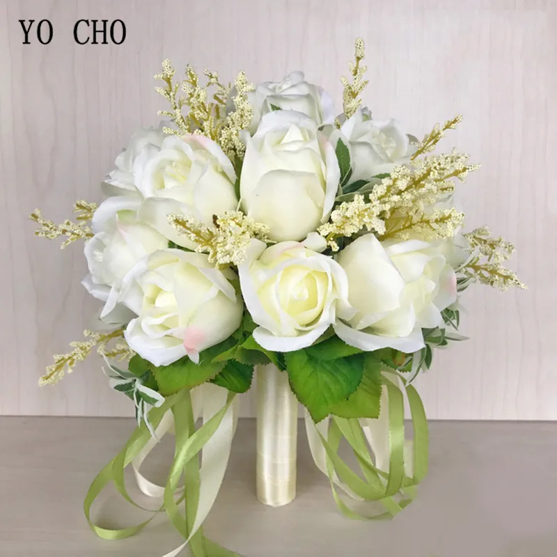 YO CHO Bouquet Da Sposa di Seta Rose Bianco Rosa Bouquet Da Sposa per Le Damigelle D'onore Fiori Artificiali Matrimonio Forniture Decorazione di Cerimonia Nuziale