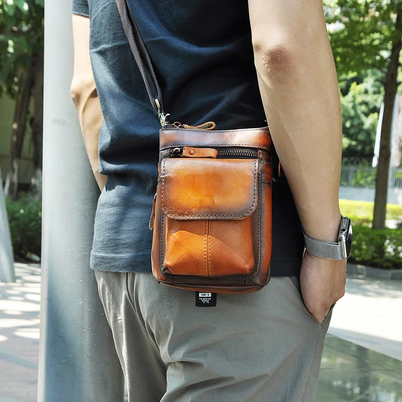 Original Leather Male Casual Design Mini Shoulder Messenger Crossbody bag Fashion Belt Waist bag Travel Small Pouch Men 611-18-l