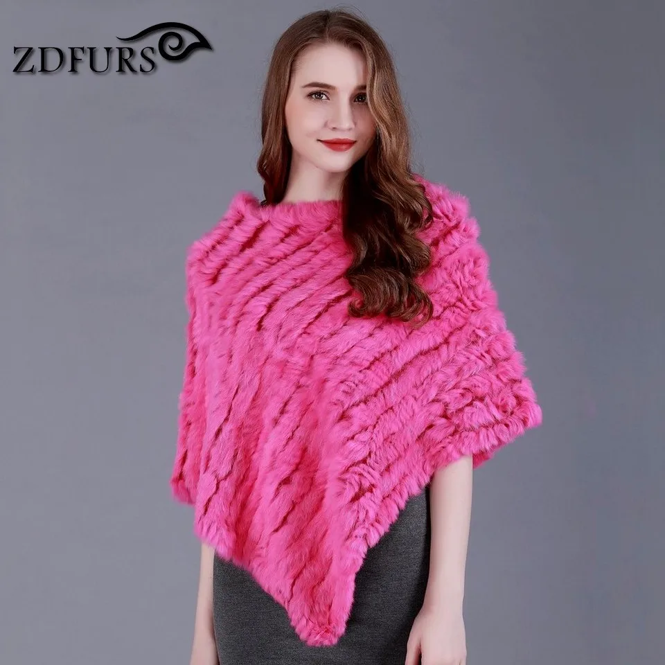 ZDFURS * autumn Winter women Genuine rabbit fur Poncho triangular fur shawl real Fur Wrap  pullovers  knitted rabbit cloak cape