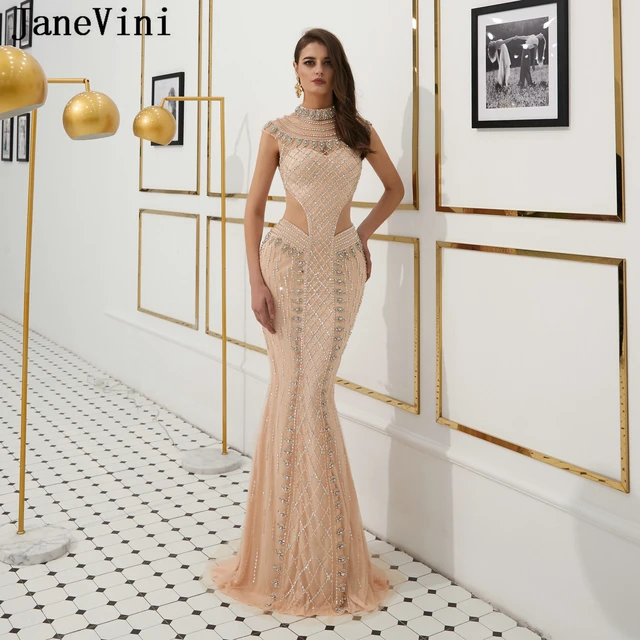 Janevini Luxury Full Diamond Mermaid Long Evening Dresses 2019 High Neck Sleeveless Shiny Beading Dubai Sexy Formal Party Gowns Evening Dresses AliExpress