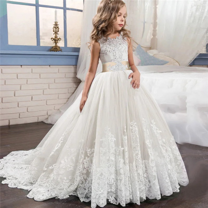 Trailing White Lace Kids Wedding Dress For Girls First Communion Evening Bridesmaid Dresses Children Girl Princess Party Dresses