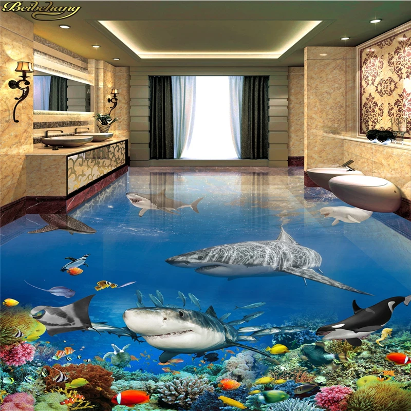 beibehang Custom Photo Wallpaper Floor Painting Ground Underwater World Fighting Shark Submarine Carnivore 3D Flooring