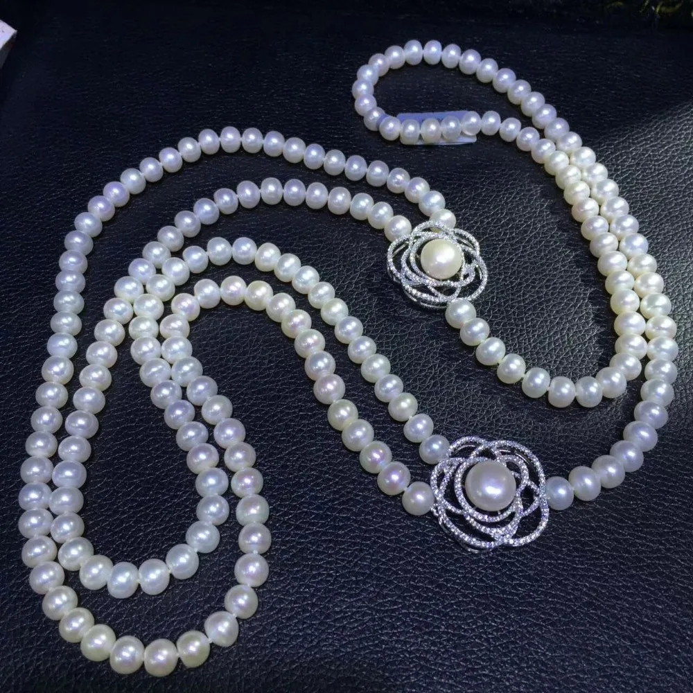 8-9MM long natural fresh water pearl necklace double layers 925 sterling silver with cubic zircon flower necklace  80CM