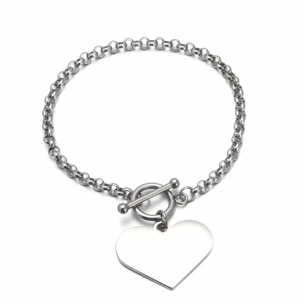 MYLONGINGCHARM Women Bracelets Stainless Steel Heart Charms 23x30mm Customize Name Words Charm with OT Clasps Ball Chain M0141