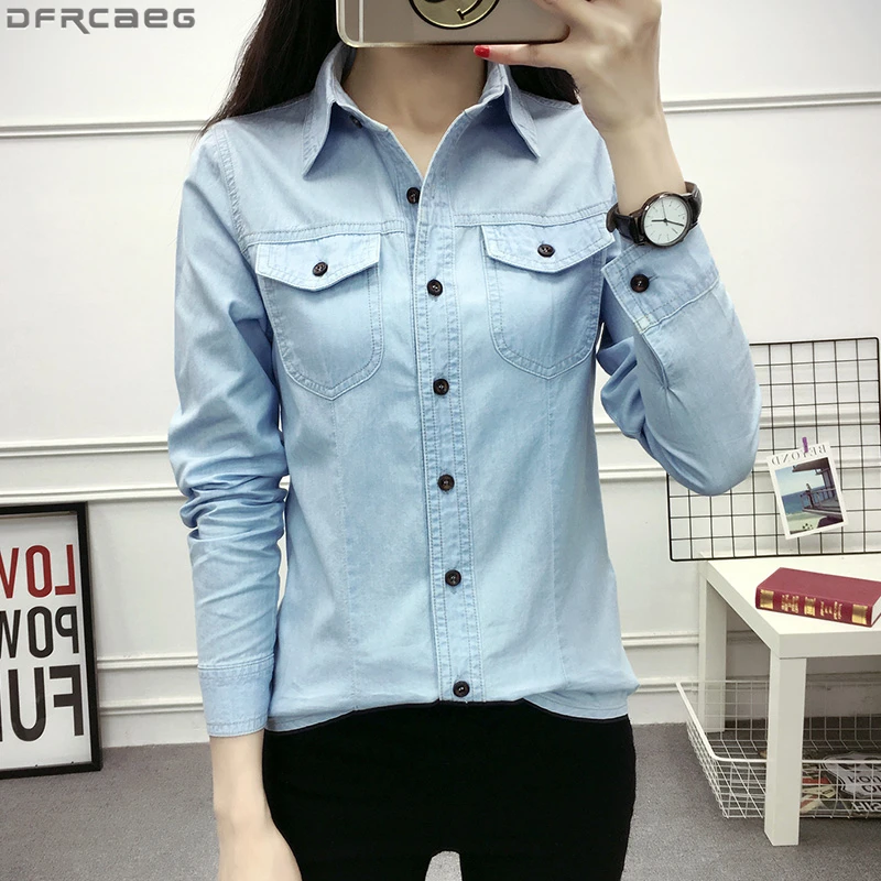 Autumn Long Sleeve Denim Shirts Women Casual Streetwear Pockets Button Up Slim Ladies Tops Cotton Vintage Jean Blouses Sky Blue