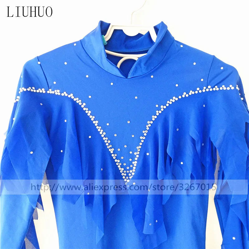 LIUHUO Ice Figure skating Men Boys Performance Clothing Match Suit Blue Costume Dance Leotard Long Sleeve Roller Competition Kid