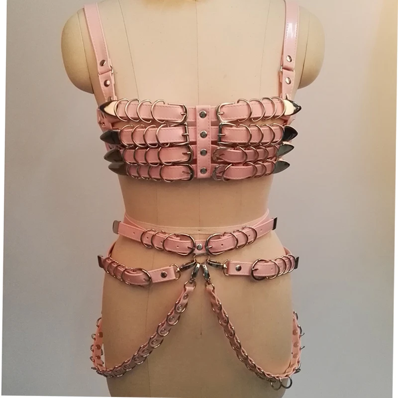 100% Handmade Punk Gothic PU Leather Bra Top Heavy Duty 4 Row Body Waist Belt Waist Cincher Suspender