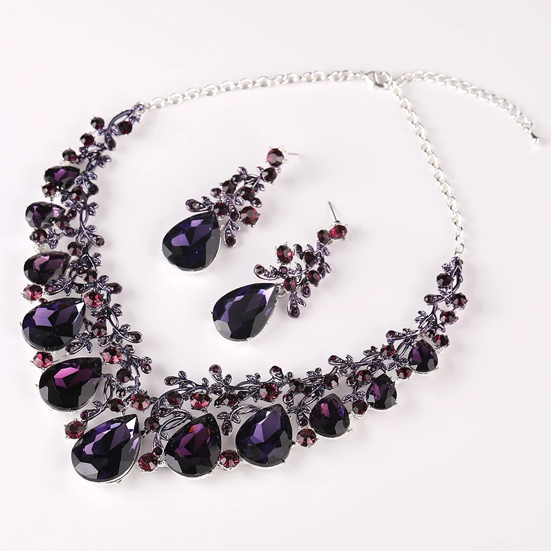 Bridal Party Wedding Jewelry Sets Statement Purple Delicate Crystal Rhinestones Necklace Earrings set Waterdrop Dress Accessorie