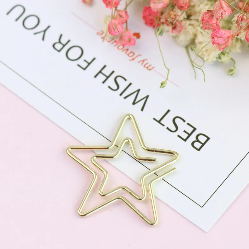 TUTU 10PCS/LOT Electroplated Gold star Paper Clip Pin Metal Clip Bookmarks Storage Office Accessories Cute Bow Paper clips H0022