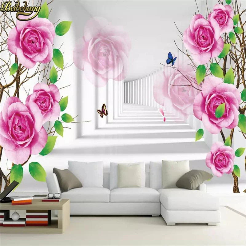 

beibehang Custom photo wall stickers purple roses reflection space 3D TV backdrop wall papel de parede wallpaper for walls 3 d