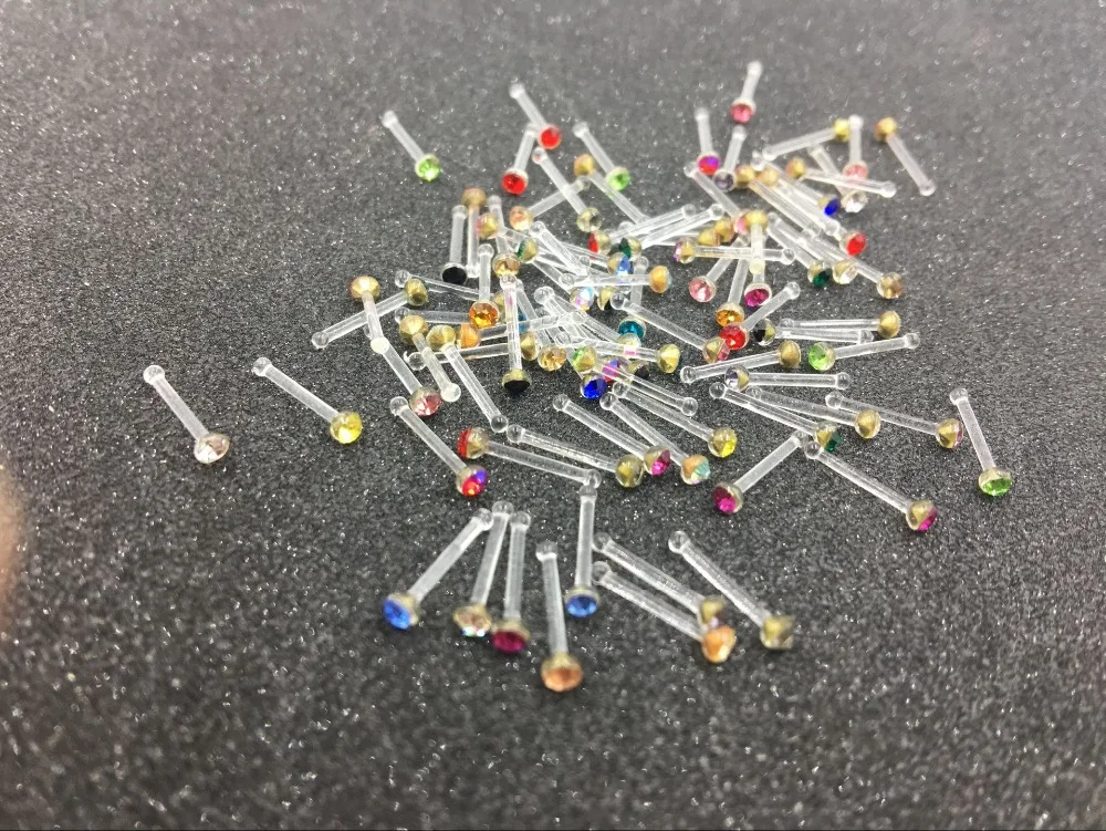 Free shippment LOT100pcs 20G NOSE RETAINERS HIDE PIERCING CLEAR Gems NOSE RING BONE STUD Body Jewelry