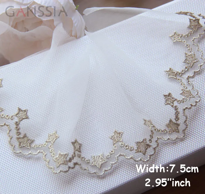 1yard Width:7cm High grade Golden Stars Mesh Ivory White Lace Embroidery for DIY Garment Accessories (ss-489)