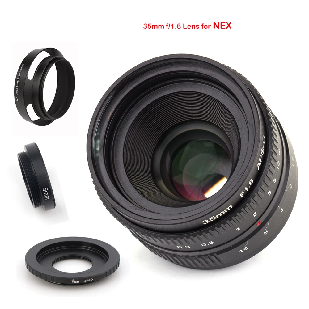 VENES 35mm f/1.6 APS-C Lens for Nikon 1 Micro 4/3 Pentax Q Nex Fuji for EOS M camera+Lens Hood +Macro Ring+16mm C Mount adapter