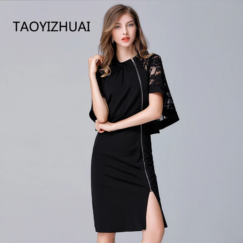 TAOYIZHUAI 2019 New Arrival Spring Casual Style Front Zipper Irregular Plus Size Black Hollow Out Half Sleeves Women Dress 11560