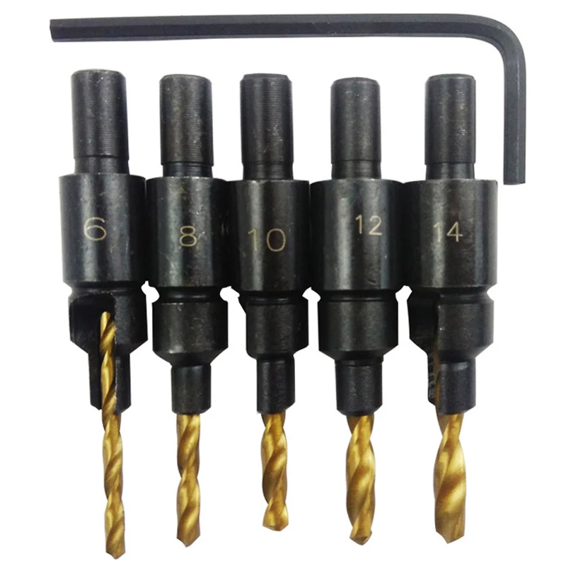 WREOW 5PCS Countersink Mata Bor S Woodenworking Countersink Mata Bor Counterbore งานไม้เจาะรูนักบิน Hex ประแจ
