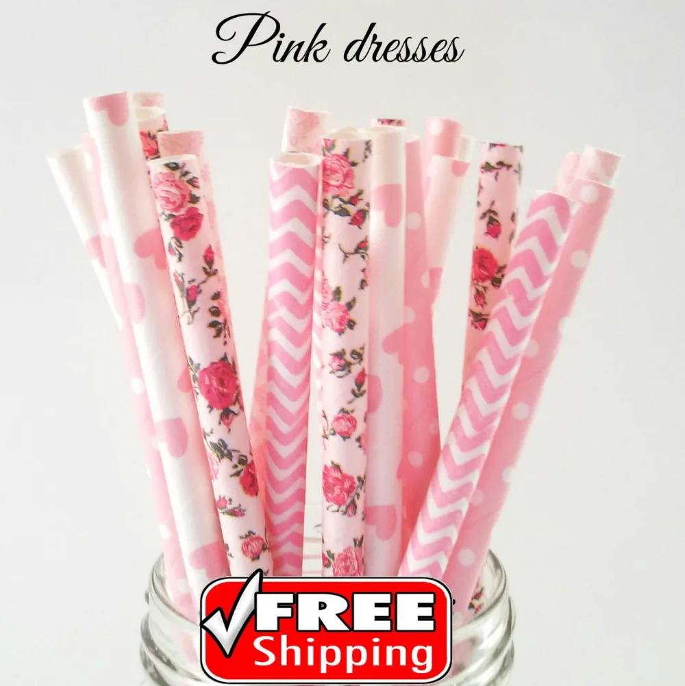 250 Pcs Mix 5 Designs PINK DRESSES Themed Paper Straws-Light Pink-Chevron,Damask,Floral,Heart,Dot Girls Birthday Party Tea Bulk