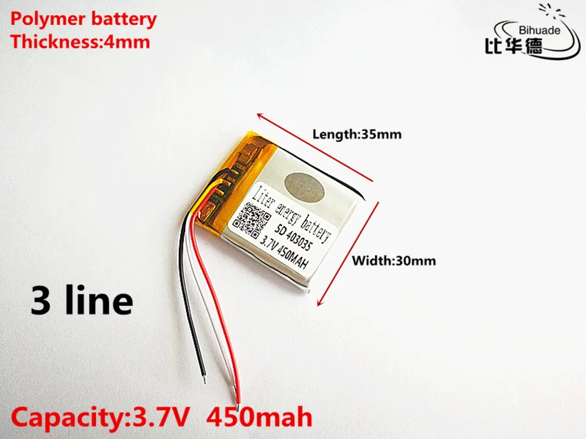 5pcs/lot 3 line Good Qulity 3.7V,450mAH,403035 Polymer lithium ion / Li-ion battery for TOY,POWER BANK,GPS,mp3,mp4