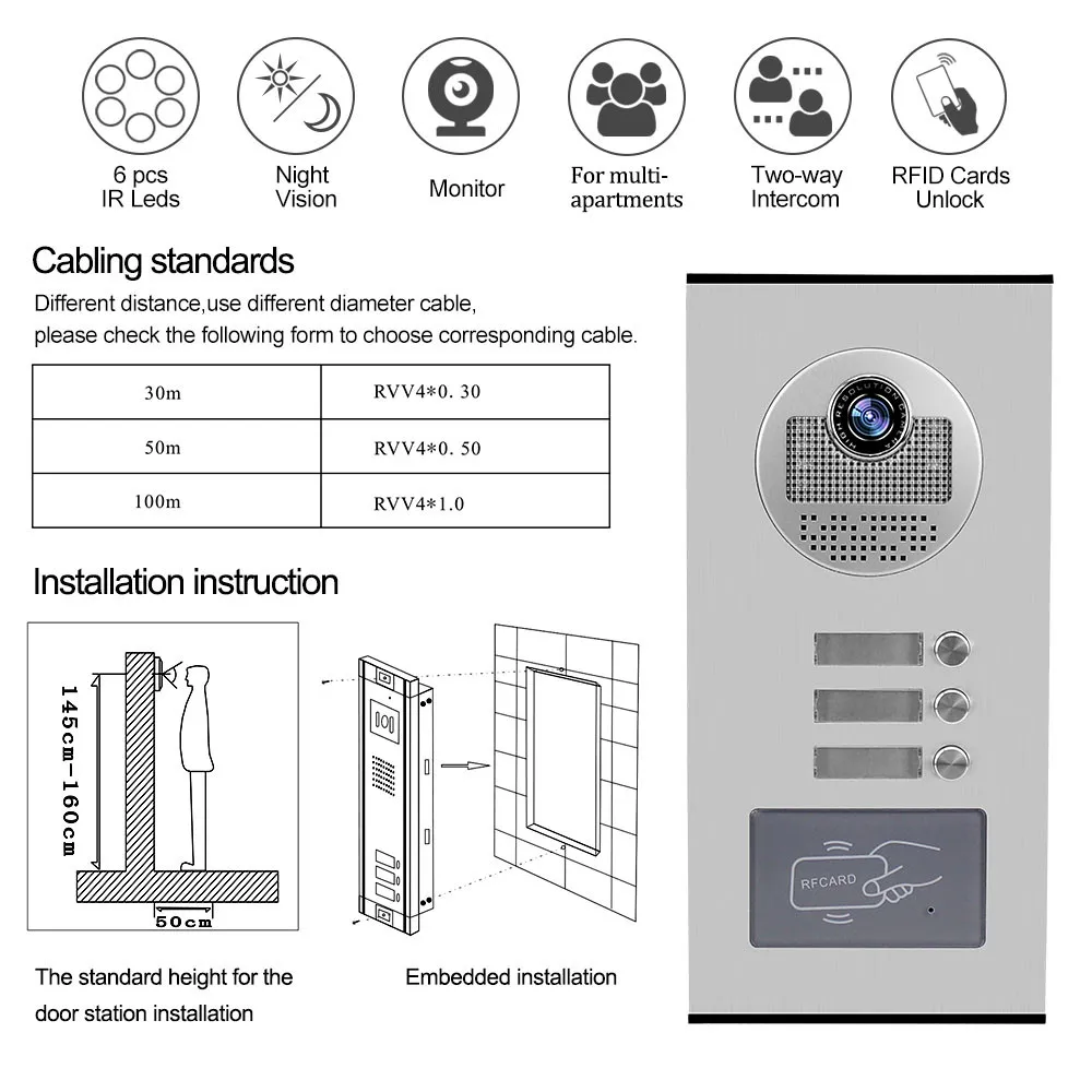 Système d'interphone vidéo pour documents, interphone vidéo, RFID, machine d'entrée, caméra extérieure, vision nocturne IR, interphone pour appartements, 700TVL