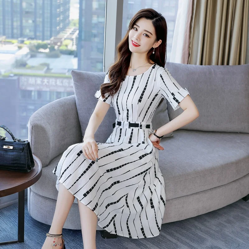 

Korean Dress 2019 Summer Dresses For Women Belt O Neck Short Sleeve Dress Midi Long Casual Office Dresses Ladies 2019 DD2114