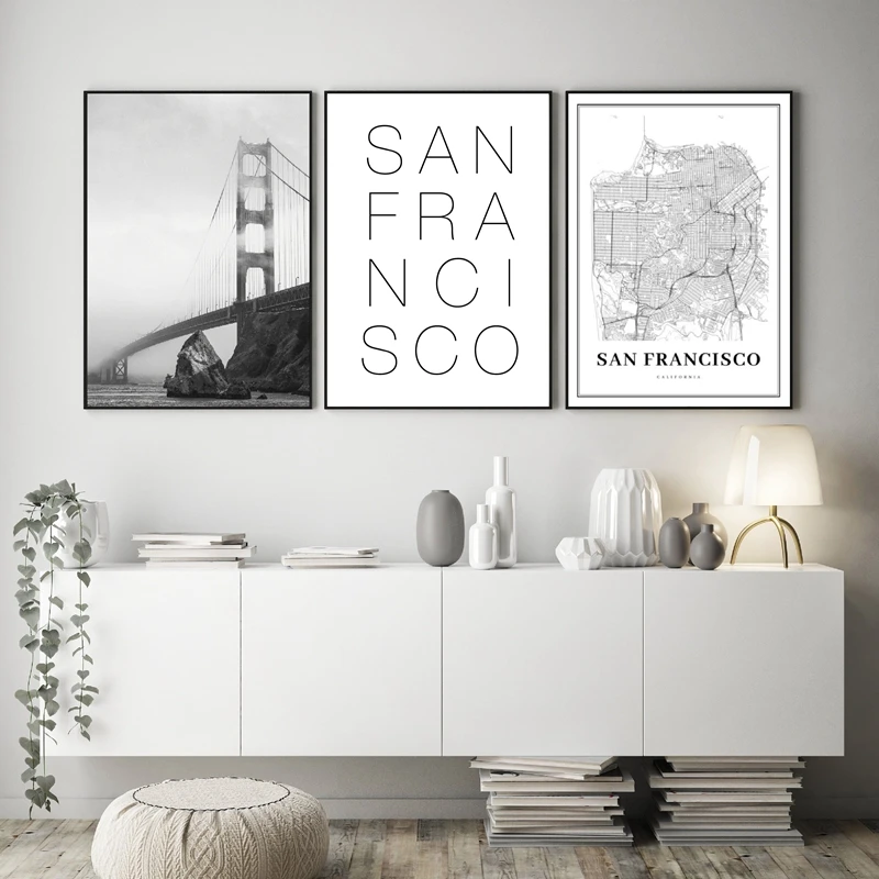 San Francisco Map Prints Golden Gate Bridge Black White Photo Wall Pictures California USA City Map Canvas Painting Home Decor