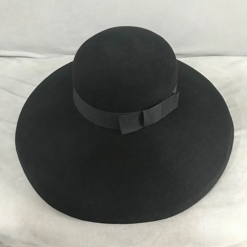 Retro Style Black Pure Wool Felt Floppy Hat Wide Brim Women Winter Fedora Cloche Bowler Hat Ribbon Band Wedding Party Church Hat