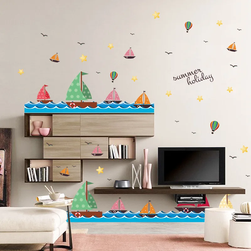 Sailboat On The Sea Wall Stickers For Kids Children\'s Room Living Room Bedroom Home Baseboard Decoration Mural Decals Wallpaper