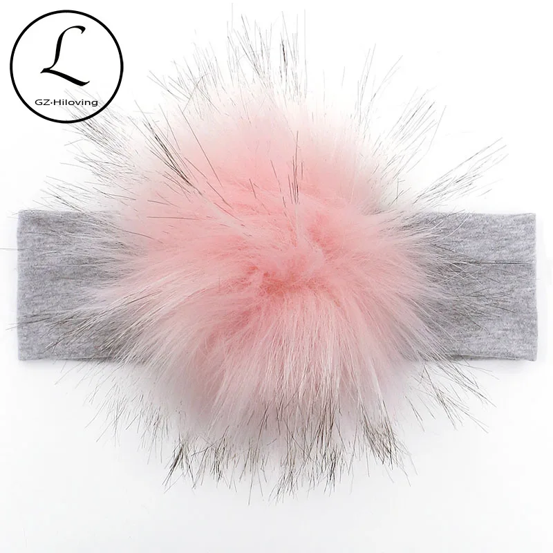 GZHilovingl Raccoon Faux Fur Pompoms Baby Headband Cotton Children Girls Elastic Hair Bands Turban For Girl Toddler Headbands