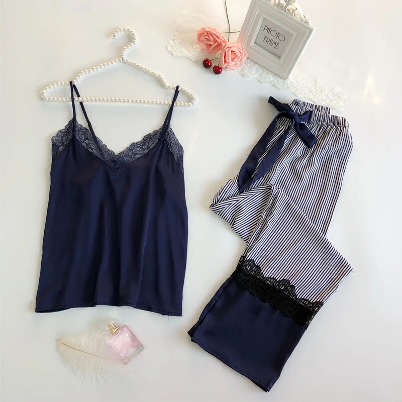

New Brand Pijama Sets Women Satin Silk Home Clothing Sexy Lace Sleevesless Long Pants 2 Pieces Set Pyjamas Nightwear
