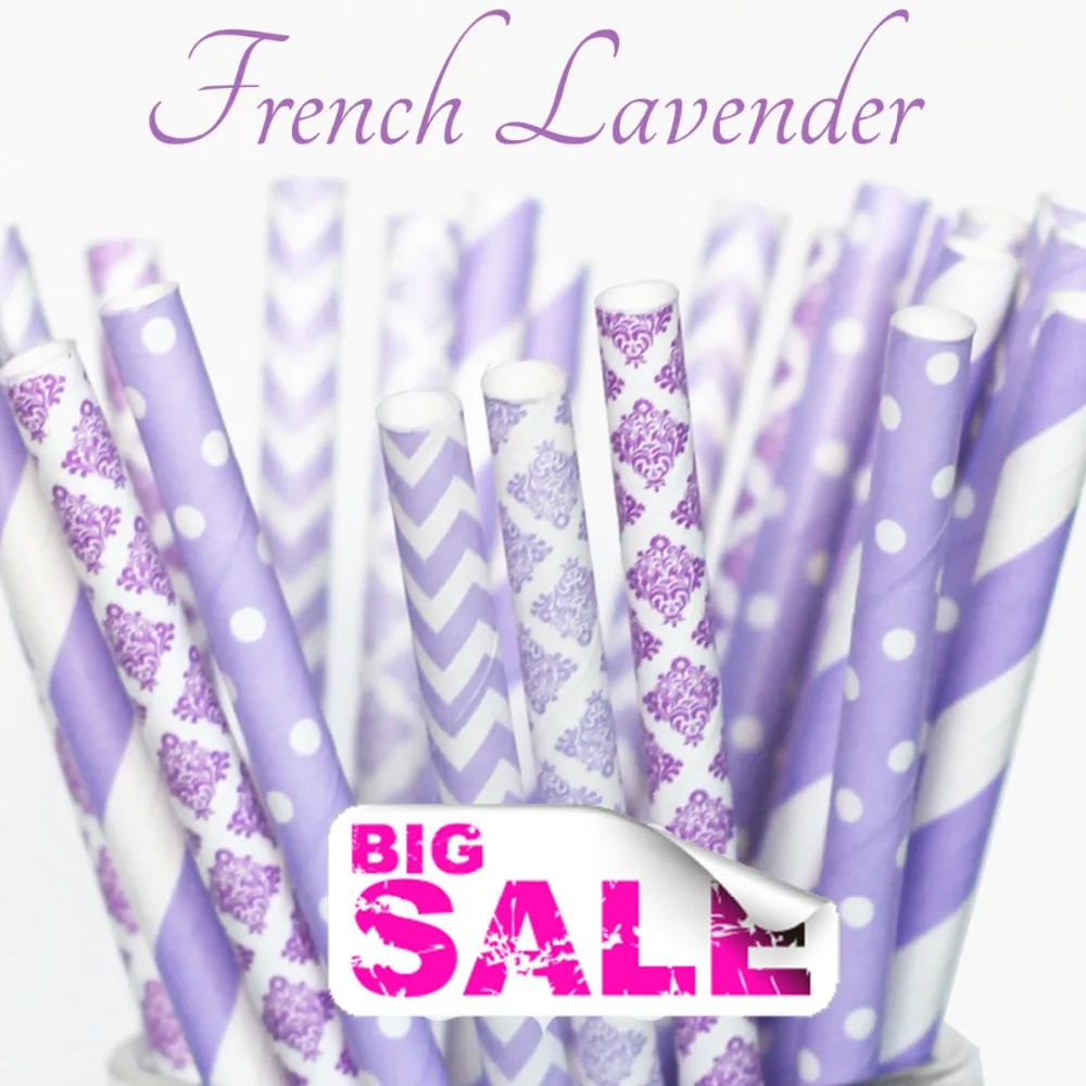 125 Pcs Mixed Colors FRENCH LAVENDER Drinking Paper Straws,Purple and Lilac Damask,Lavender Stripe,Dot,Chevron,Wedding Shower