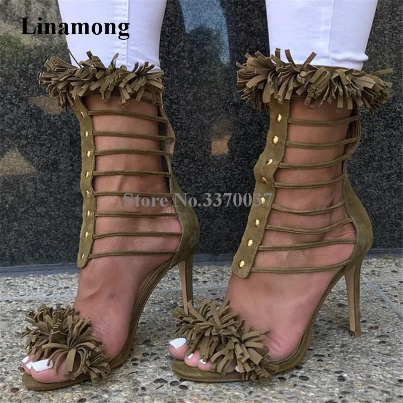 

New Fashion Women Suede Leather Tassels Embellished Gladiator Sandals Cut-out Straps Design Rivet High Heel Sandals Dress Shoes