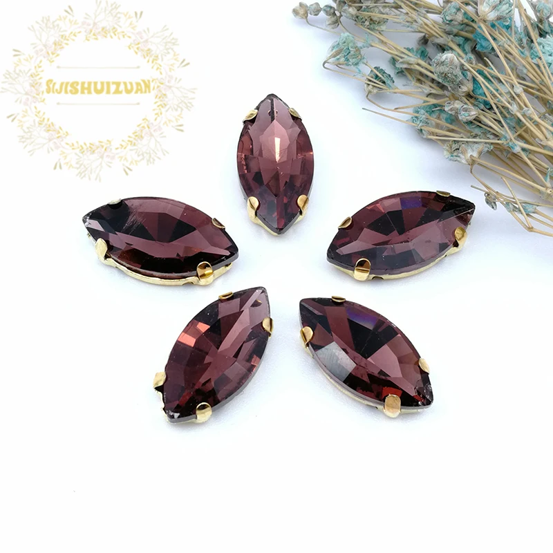 Classic Style Shiny Wine Red Horse Eye Glass Crystal Sew On Rhinestones With Gold Claw Diy Wedding Dress Accessories