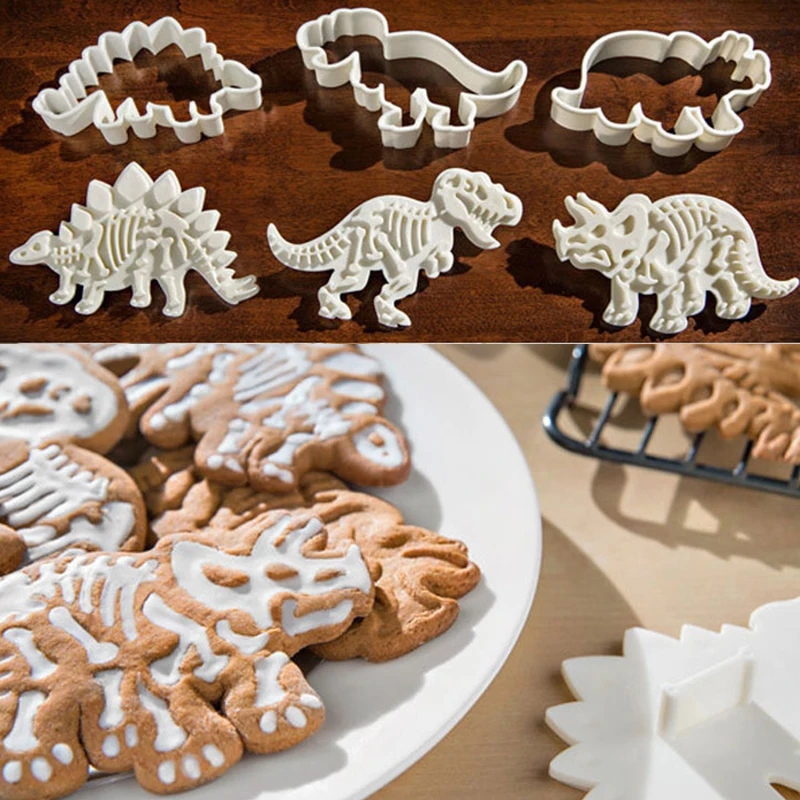 6 Pcs White Plastic Dinosaur Cookies Cutter Biscuit Pastry Cake Fondant Mould Set Home New